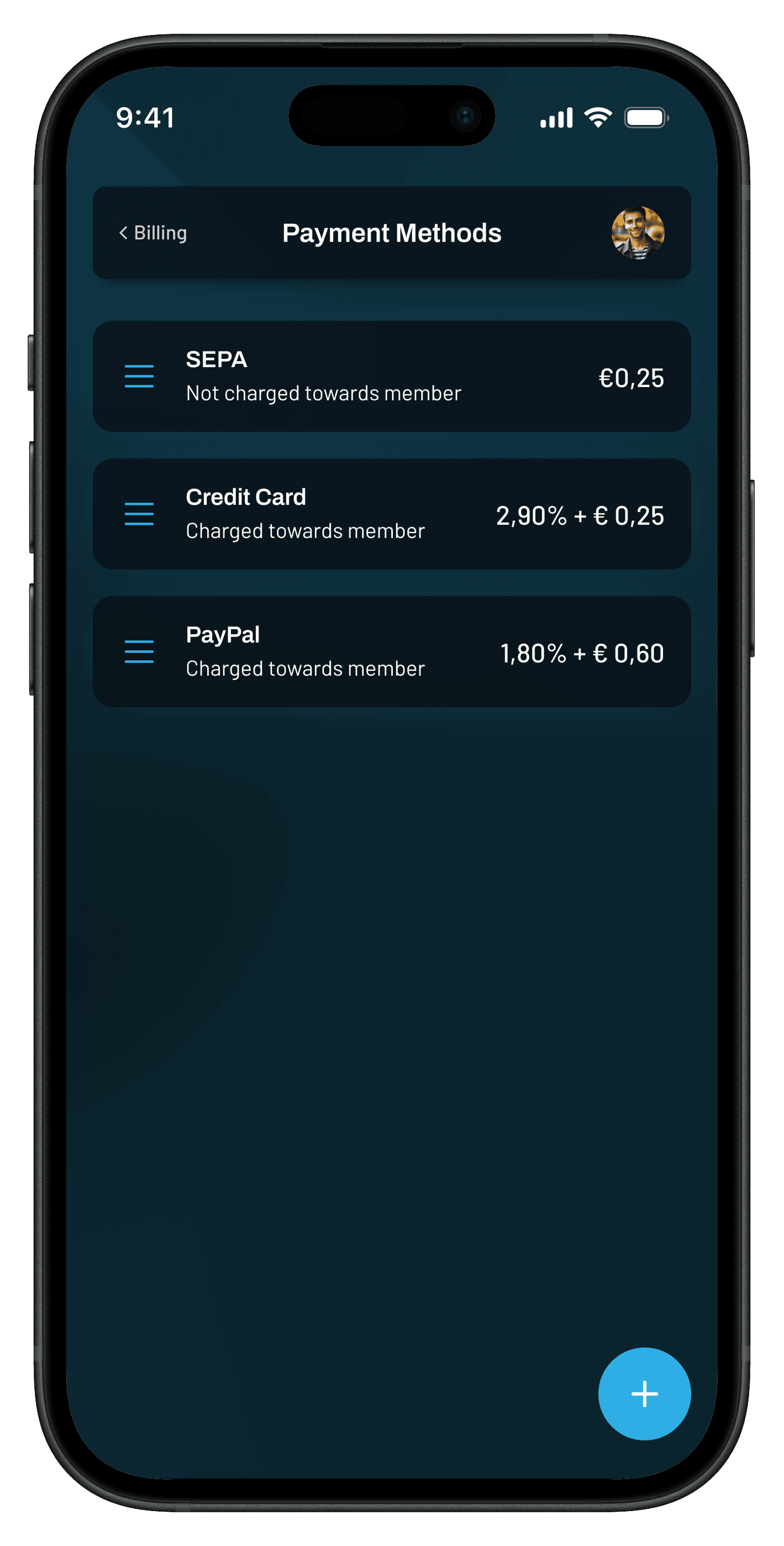 Payment configuration screen on mobile device for configuring tjecko subscription management