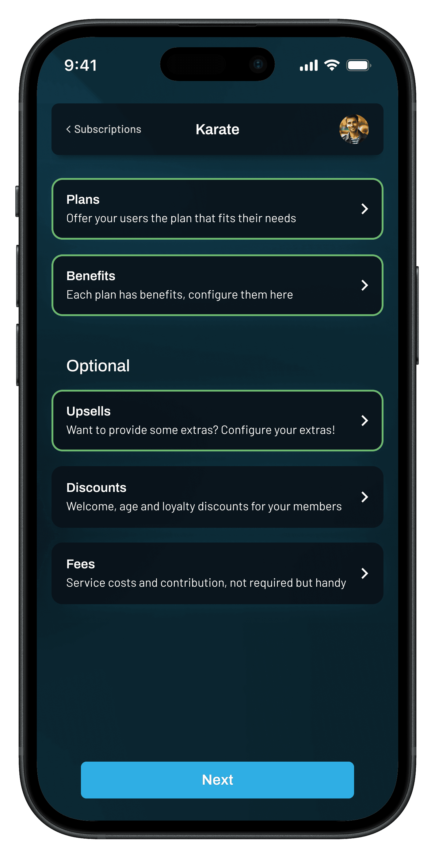 Subscription creation screen on mobile device with the mobile app of Tjecko