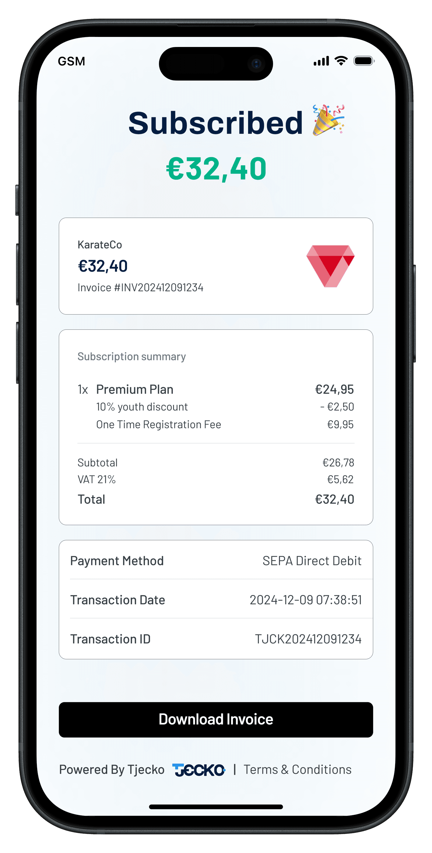Go live dashboard on mobile device with the Tjecko subscription builder