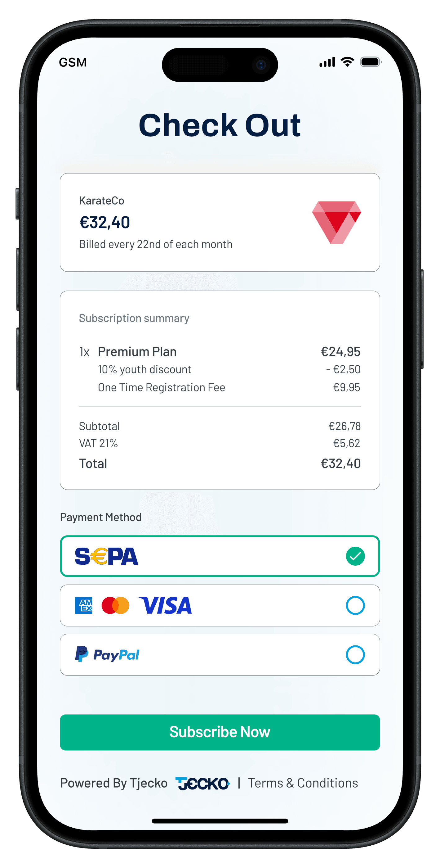 With Tjecko you can give members a discount if they sign up for a year instead of a month